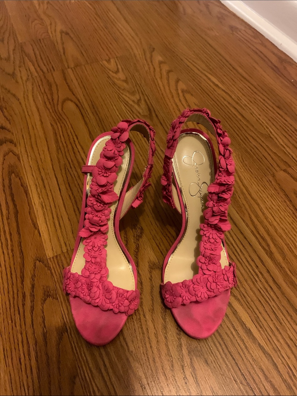 Jessica Simpson Hot Pink Floral T-Strap Slingback Heels
